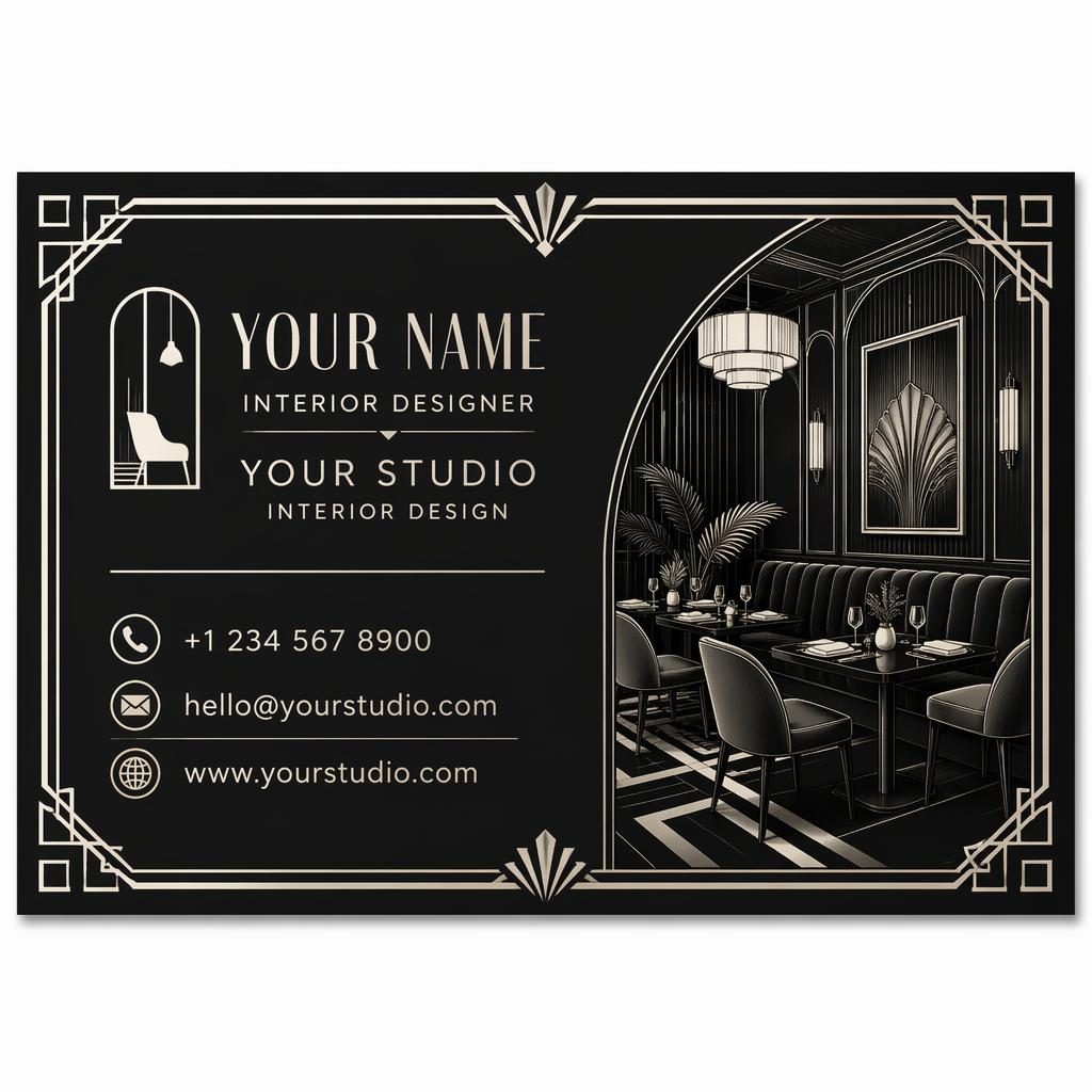 Front view of an art deco monochrome business card for an interior designer with elegant placeholder contact details.