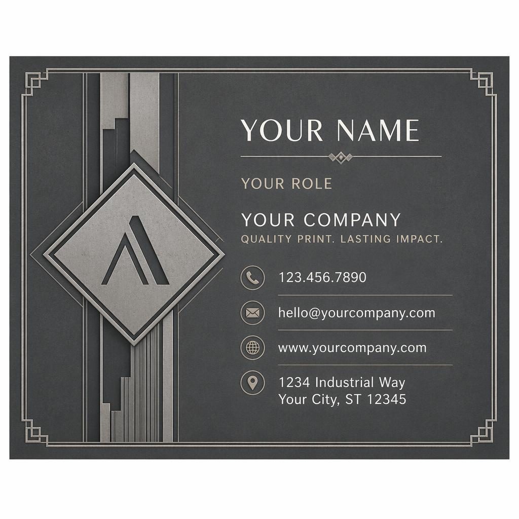 Back view of an art deco business card in industrial gray with sharp placeholder contact details and balanced spacing.
