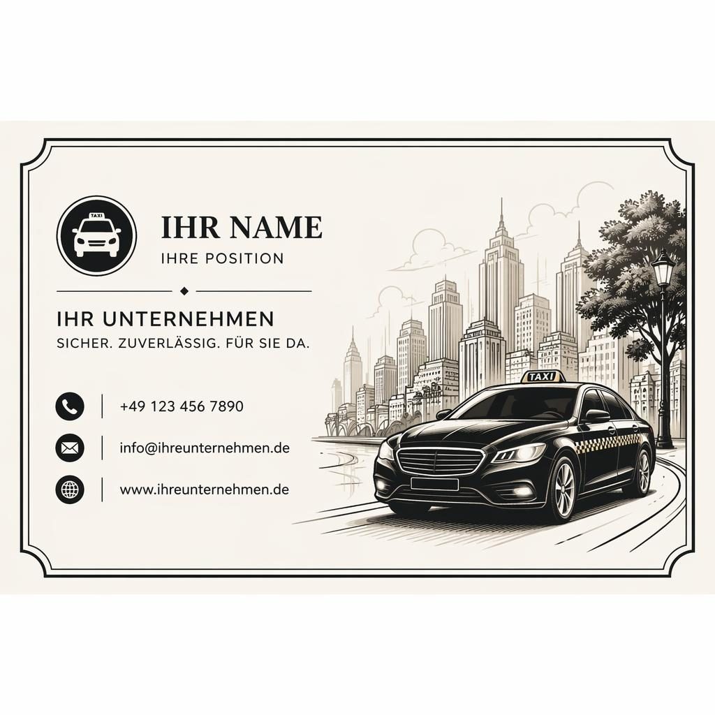 Illustrierte Rückseite einer Taxi-Visitenkarte in monochromer Eleganz mit klaren Platzhaltern und ausgewogenem Weißraum.
