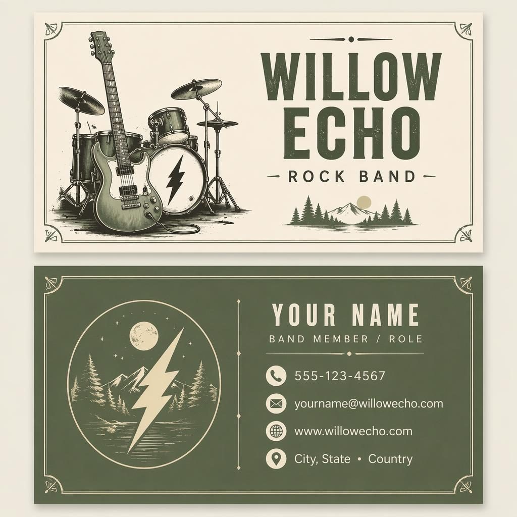 Front and back rock band business cards stacked, illustrated organic style in sage and ivory with clean readable placeholders.