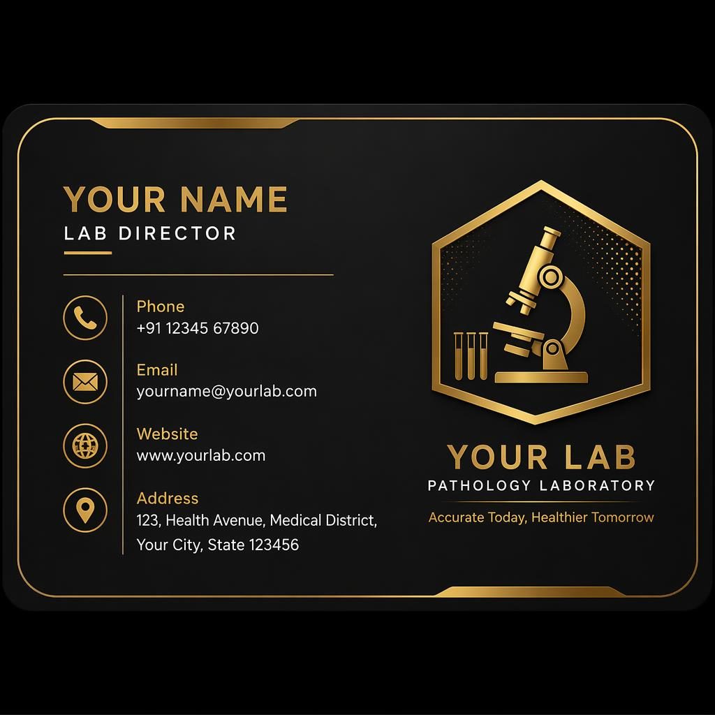 Back-side business card render for a pathology lab in black and gold, with sharp placeholder contact details and clean layout.