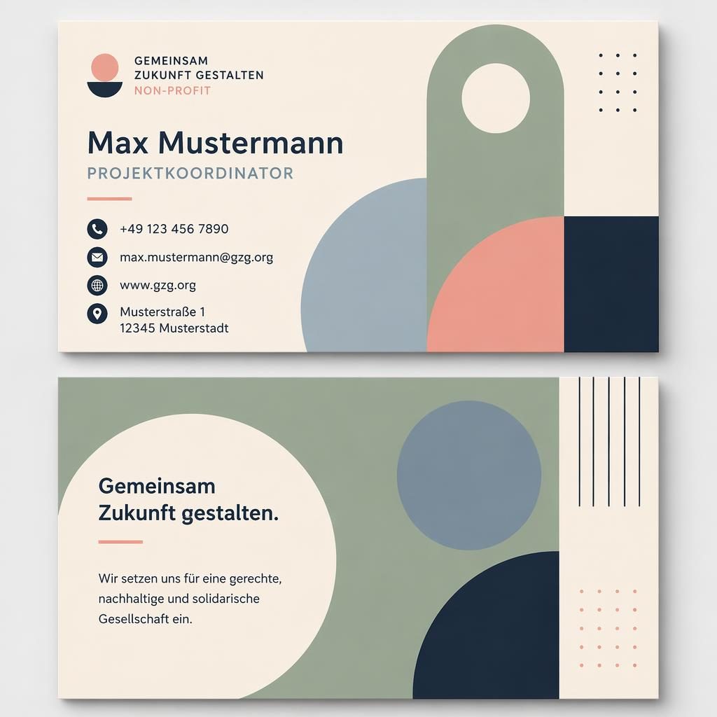 Gestapelte Vorder- und Rückseite einer Visitenkarte DIN im Bauhaus-Stil mit pastellen Farben und Platzhaltern