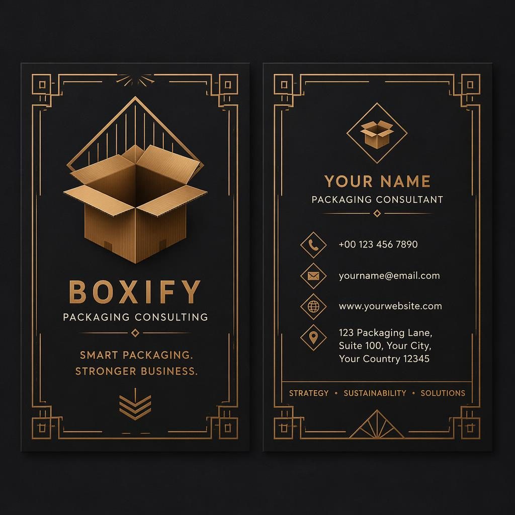Both sides of a corrugated box visiting card design shown side by side in an art deco dark palette with sharp placeholder text.