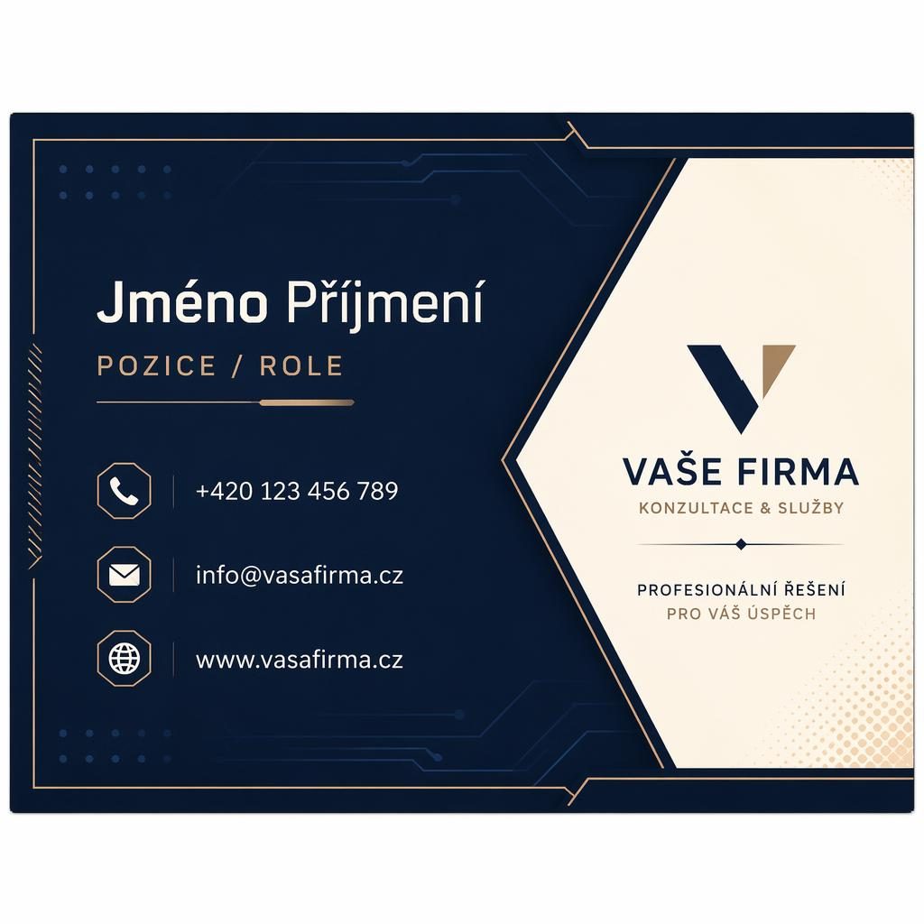 Zadní strana vizitky v tmavě modré a krémové, futuristický tech styl, ostrá typografie a čisté rozvržení.