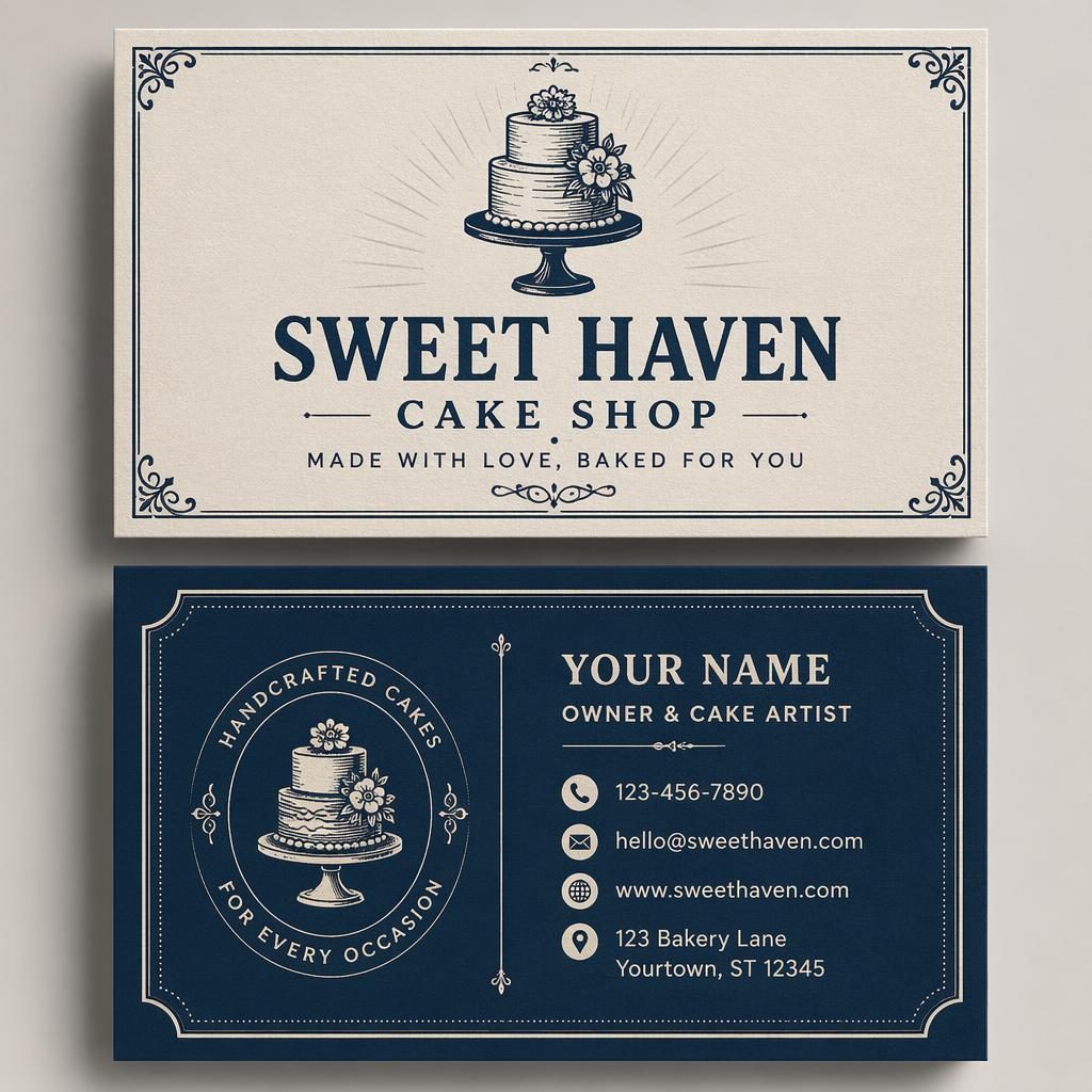 Front and back stacked cake shop business cards in navy and cream with vintage letterpress style and sharp placeholder text