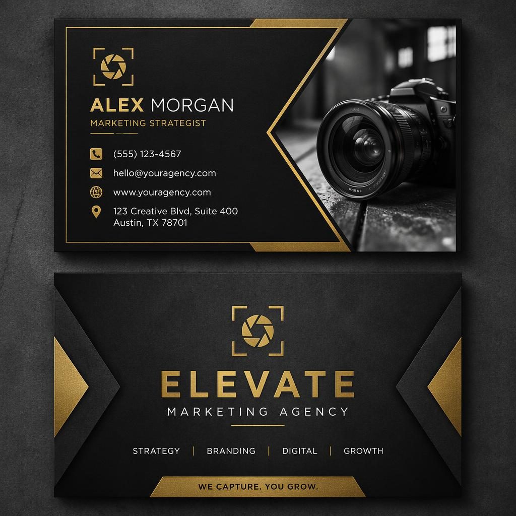 Front and back stacked business card design in black, gold, and industrial gray with sharp placeholder contact details.
