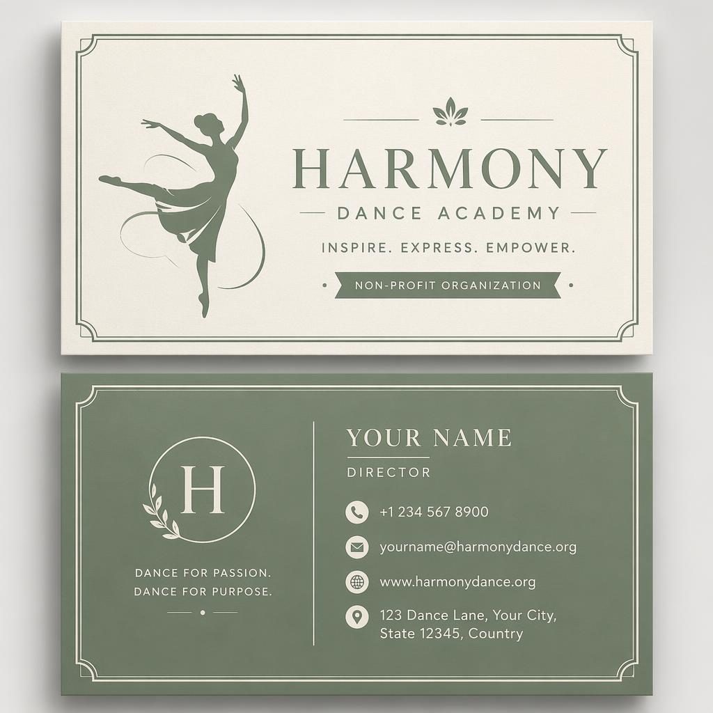 Front and back business card mockup for a dance academy in sage and ivory with clean typography and readable placeholders