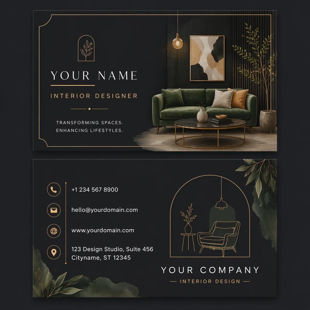 Front and back business card mockup for an interior designer, stacked with illustrated organic dark palette and sharp text.