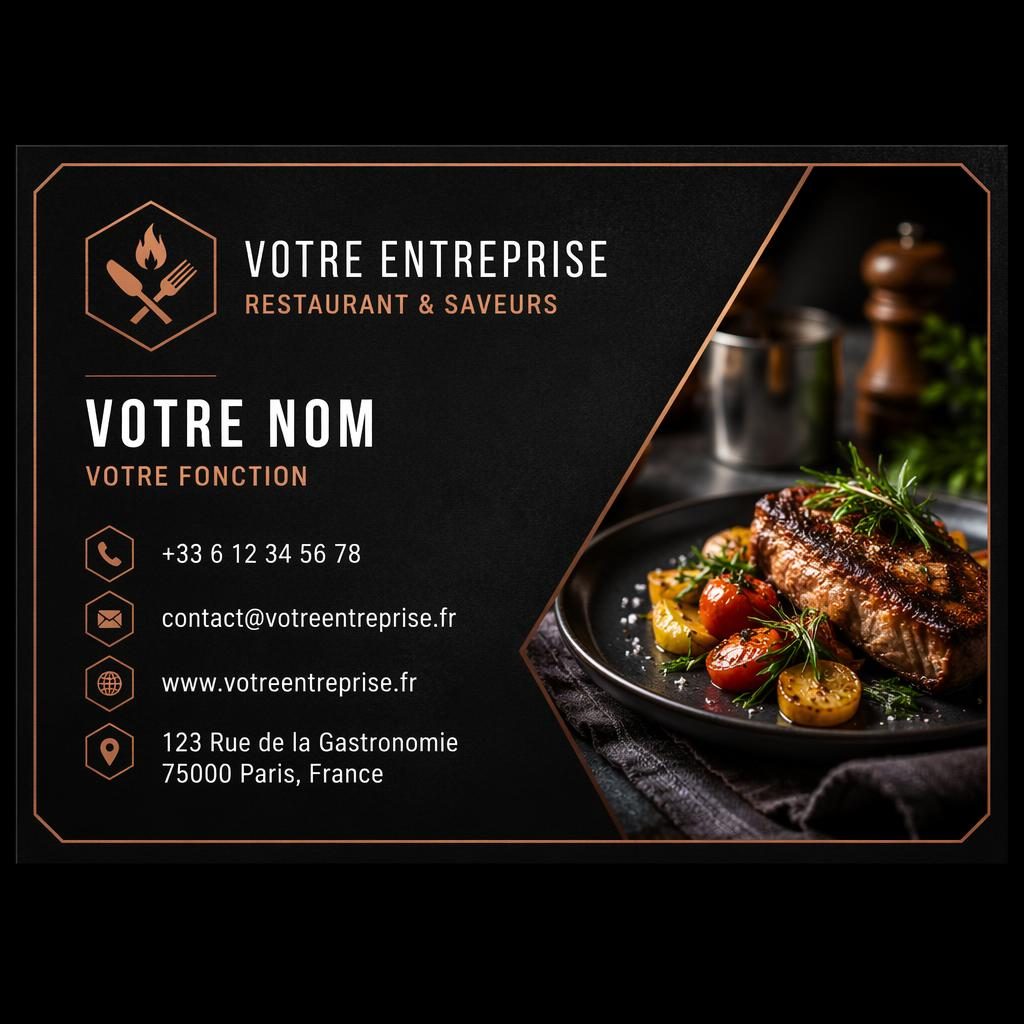 Maquette de carte de visite restaurant, face avant, style industriel sombre, typographie nette et mise en page aérée.