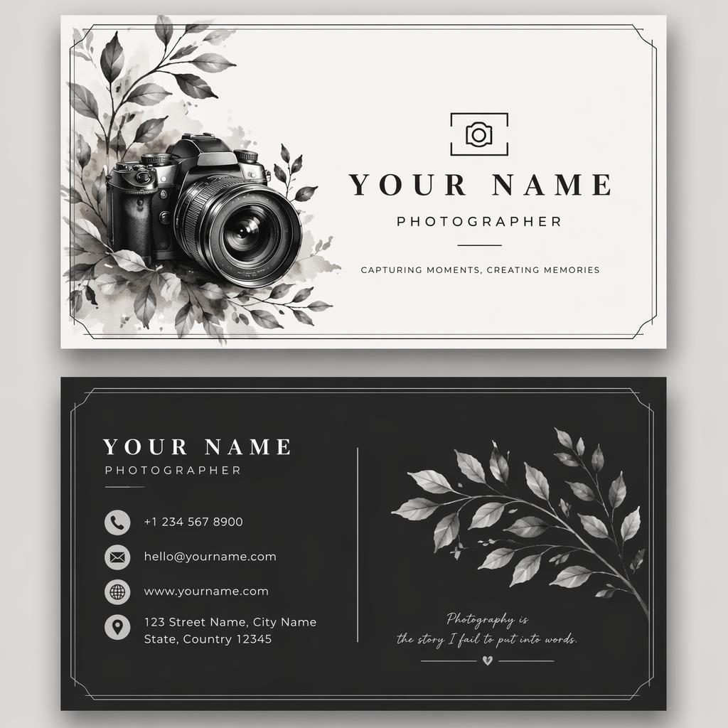 Front and back business card design stacked in a monochrome elegant illustrated style with clean placeholder contact details