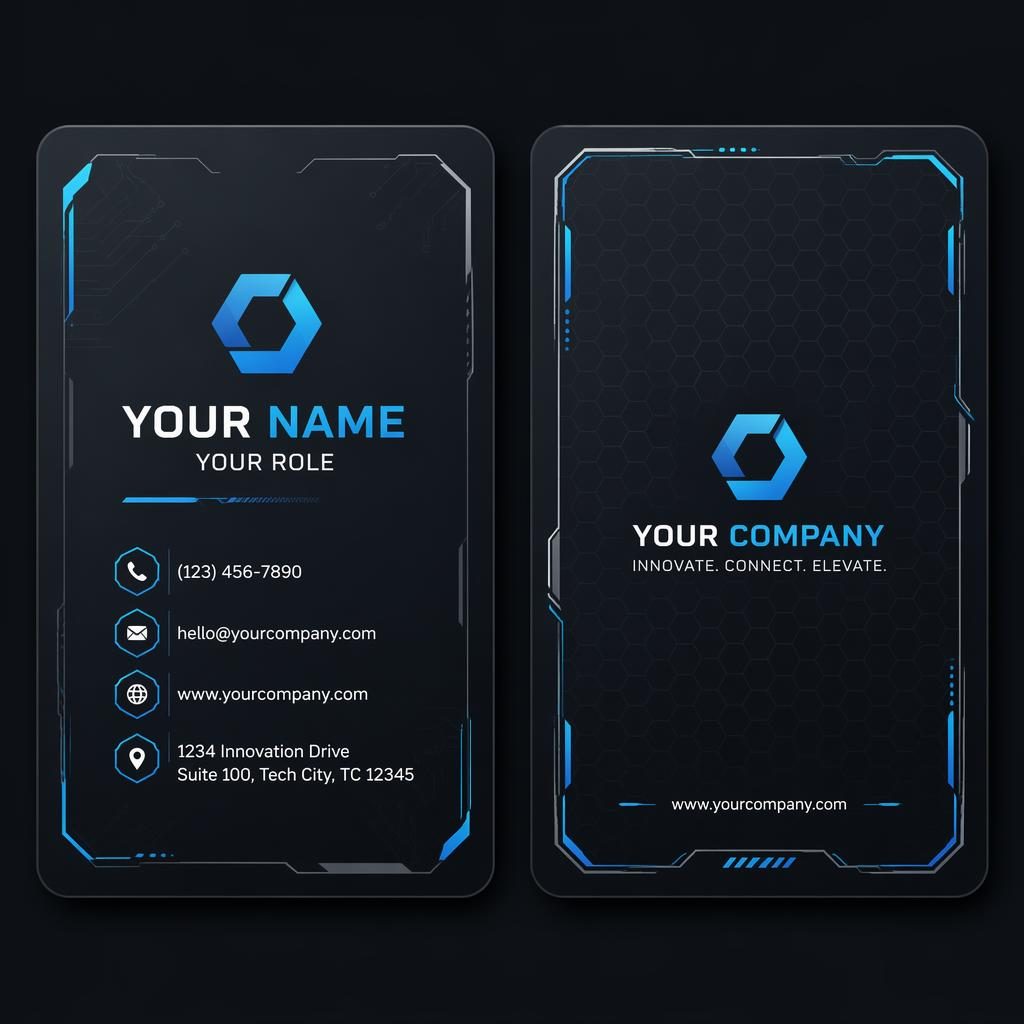 Both sides of a dark futuristic business card template shown side by side with sharp placeholder contact details.