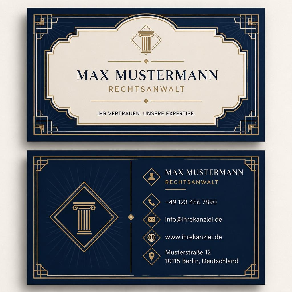 Gestapeltes Front- und Rückseiten-Rendering einer Art-Déco-Visitenkarte in Navy und Creme mit Platzhalterdaten.