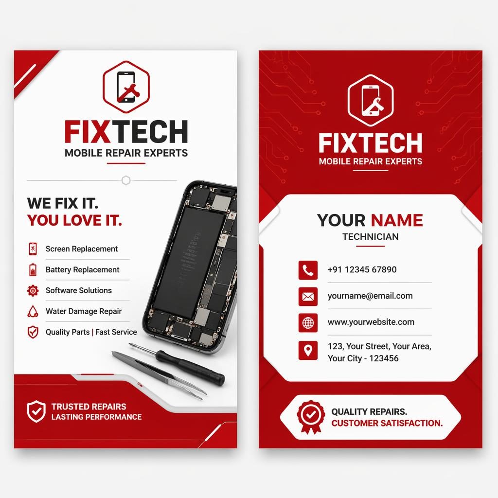 AI business card mockup showing both sides side-by-side in a bold red and white palette with clean placeholder contact details.