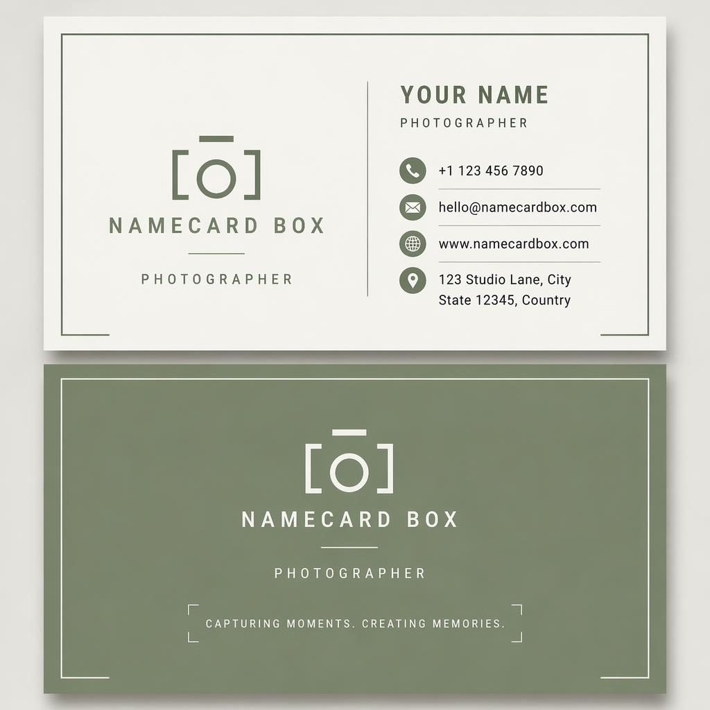 Front and back business card design render for a namecard box in sage and ivory, stacked with clean typography.