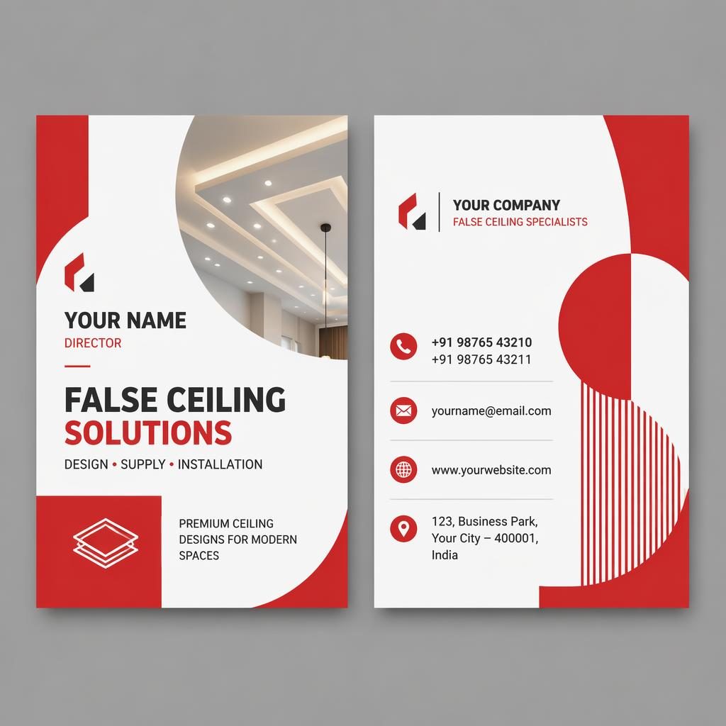 Both sides of a false ceiling visiting card design shown side by side in a bold red and white Bauhaus layout.