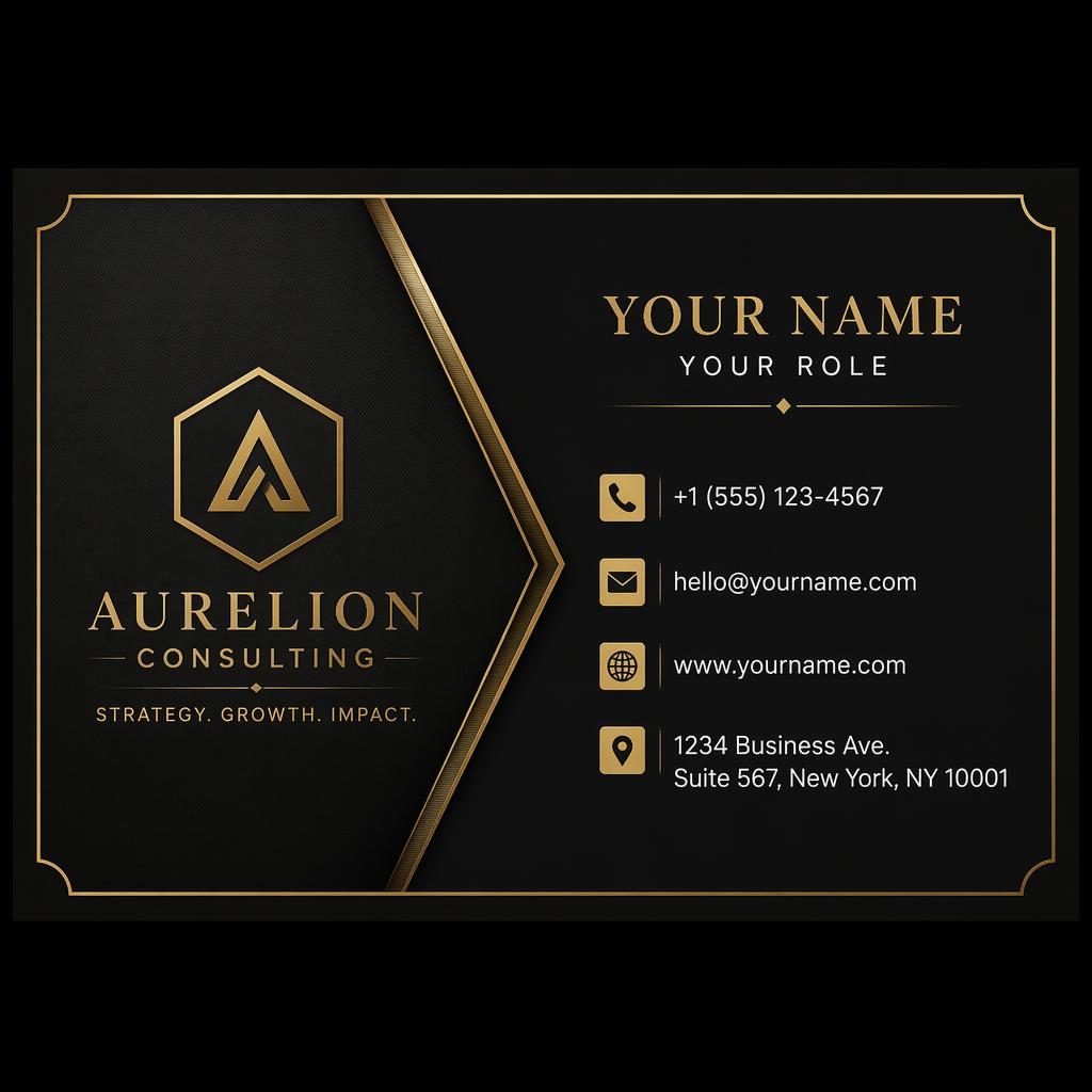 Front view of a luxury black and gold business card mockup with placeholder contact details, sharp typography, and clean layout.