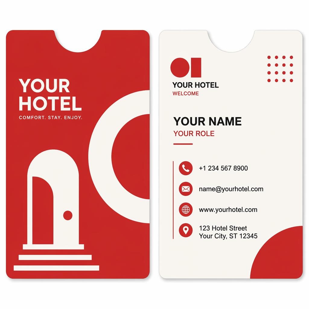 Both sides of a bauhaus-style hotel key card holder template free business card, red and white, side by side.