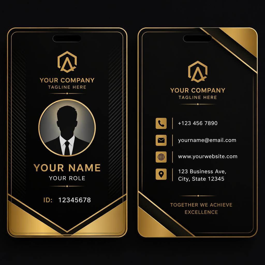 Both sides of a luxury black and gold canva id card business card shown side by side with sharp placeholder contact details.