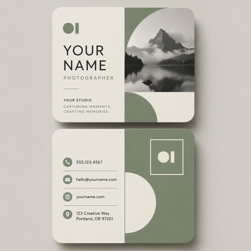 Front and back stacked rounded corner square business cards in sage and ivory Bauhaus style with sharp placeholder details
