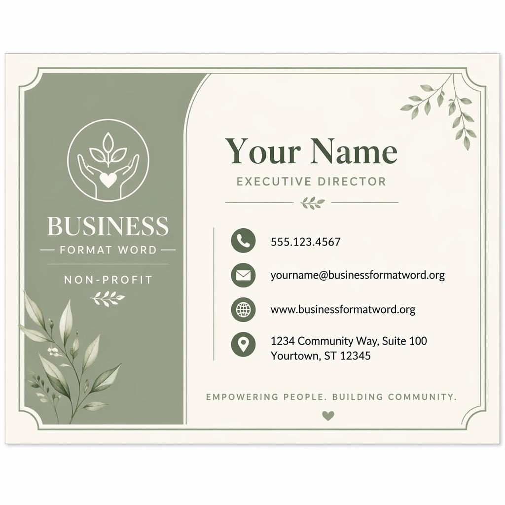 Front render of a warm boutique non-profit business card in sage and ivory with sharp placeholder contact details.