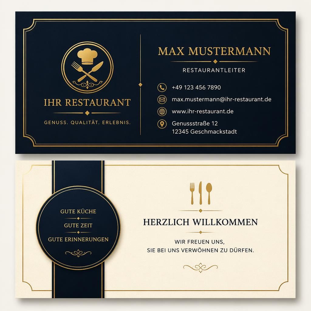 Gestapelte Vorder- und Rückseite einer luxuriösen Visitenkarte in Schwarz, Gold, Navy und Creme mit Platzhalterdaten