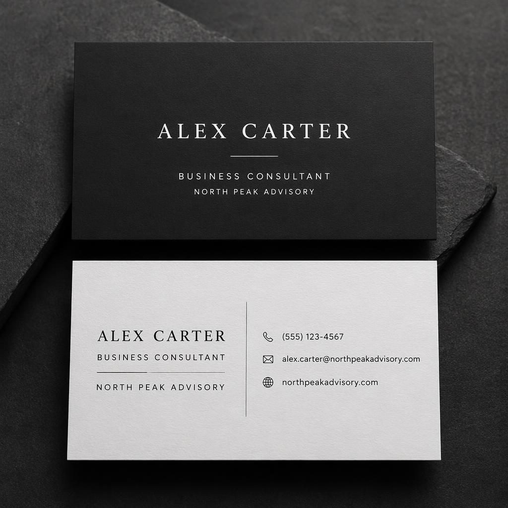 Front and back business cards for Alex Carter stacked in a centered studio mockup with monochrome design and premium paper texture.