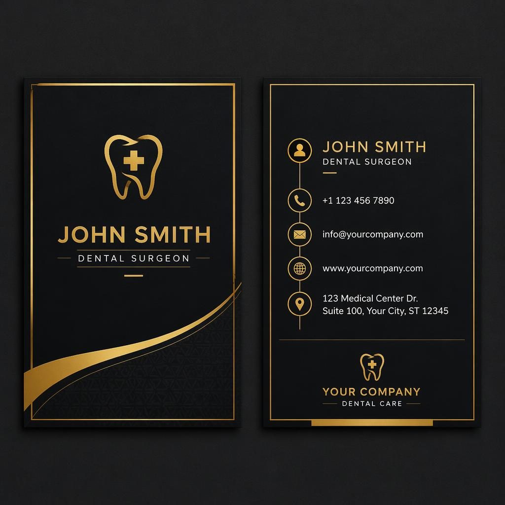 Both sides of a black and gold medical or dental business card shown side by side in Swiss style layout.
