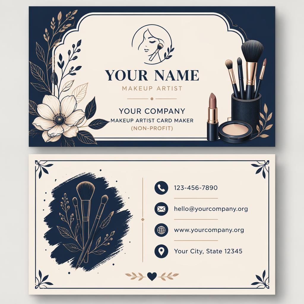 Front and back makeup artist business card design stacked in navy and cream with illustrated organic style and sharp placeholder text.