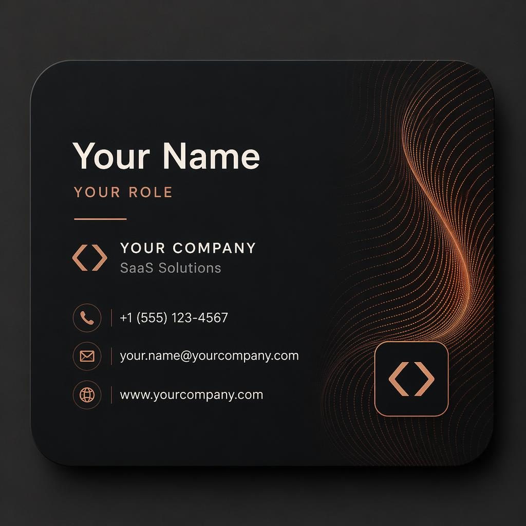 Back render of a rounded corner square business card in a warm boutique dark mode style with sharp placeholder contact details.
