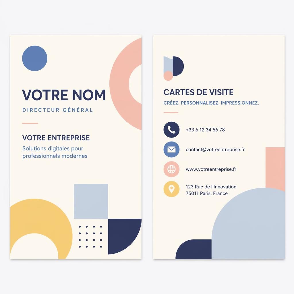 Rendu de carte de visite recto verso côte à côte, style Bauhaus pastel, typographie nette, mise en page SaaS épurée.