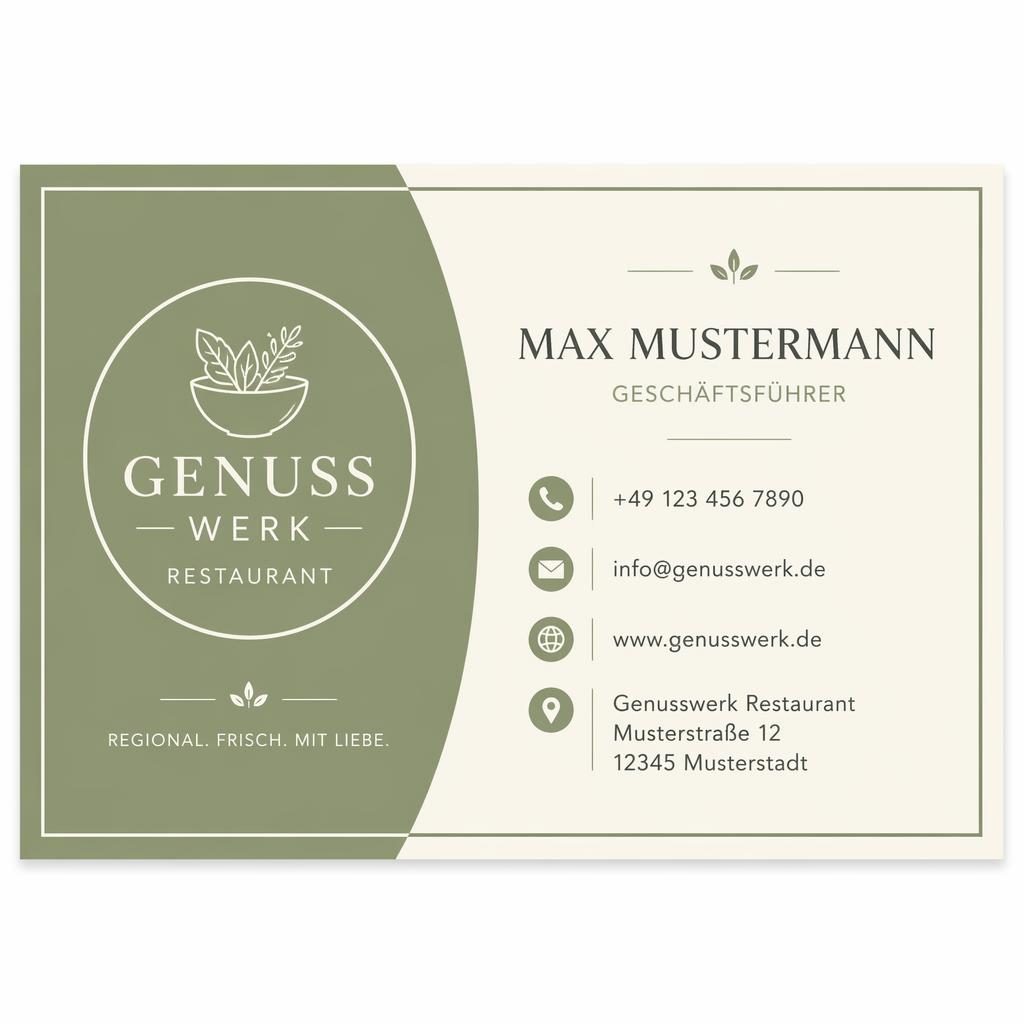 Frontansicht einer Business Card im Swiss-Stil in Salbei und Elfenbein für Restaurant, mit klaren Platzhaltern