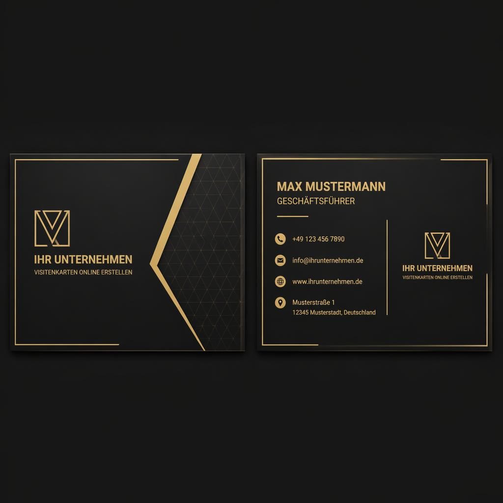 Beidseitiges Visitenkartendesign nebeneinander, modern minimalistisch in Schwarz und Gold mit klarer Typografie.