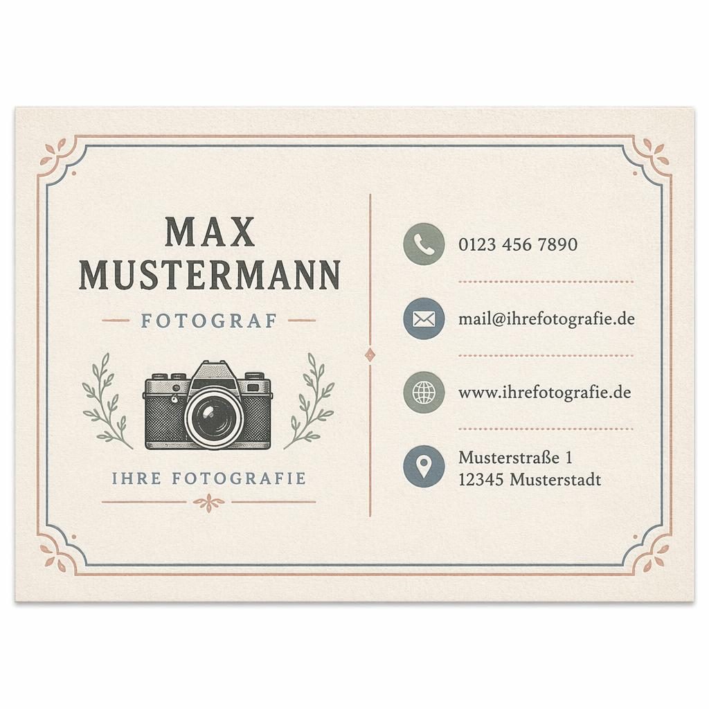 Vorderseite einer Visitenkarte im Vintage-Letterpress-Stil mit Pastellfarben, klaren Platzhaltern und ausgewogenem Weißraum.