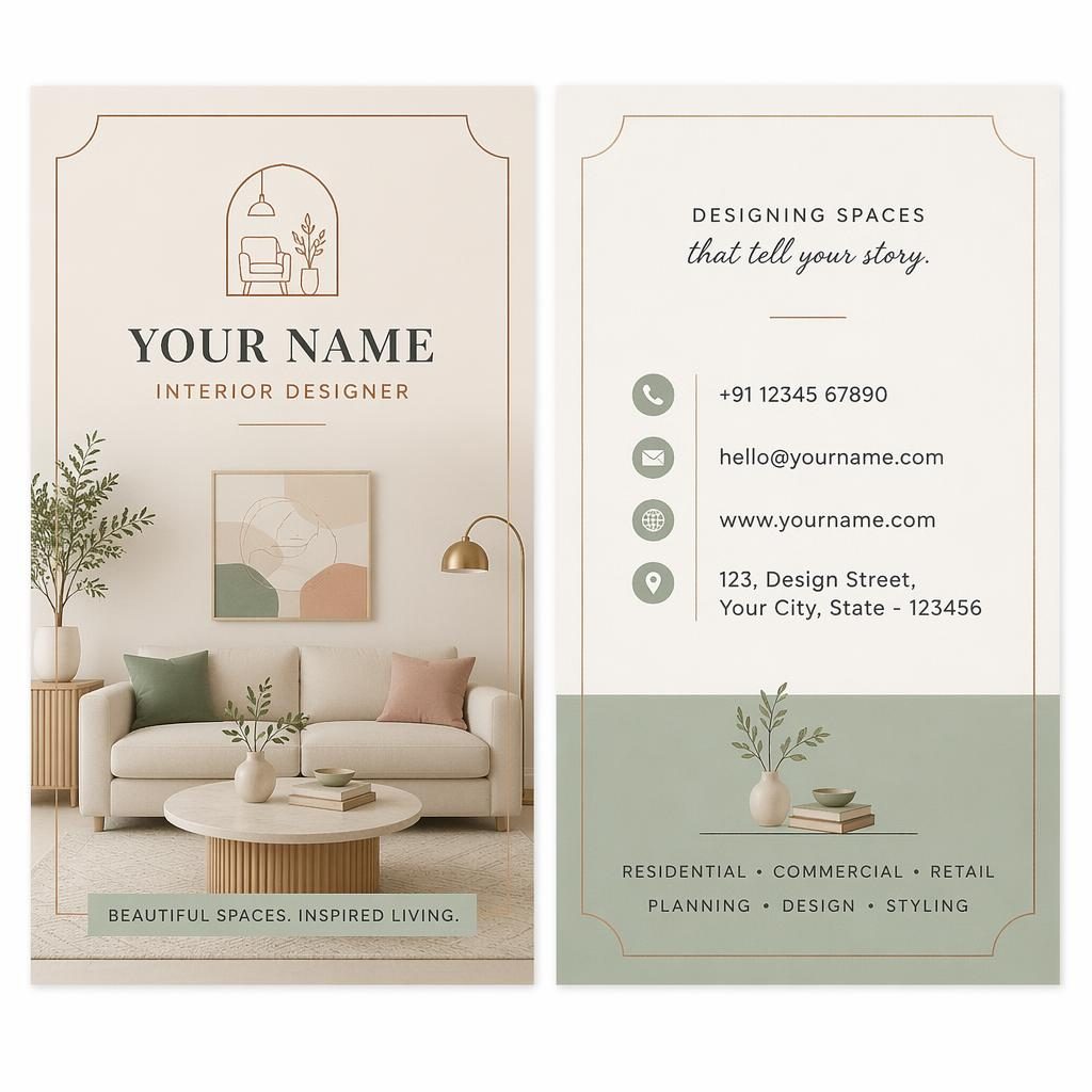 Both sides of a print-ready interior designer visiting card design shown side by side in a warm pastel palette.
