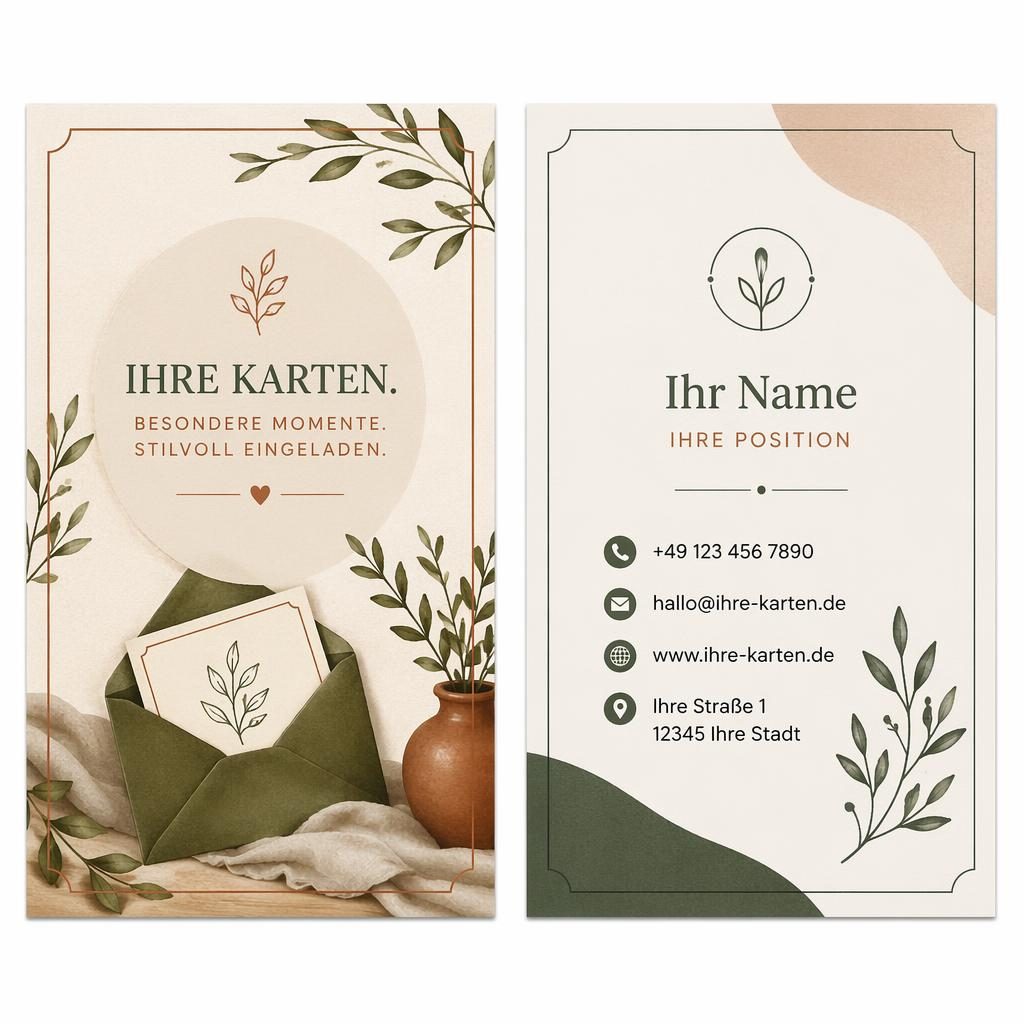 Beidseitiges Business-Card-Design nebeneinander, organisch illustriert in warmen Erdtönen mit klaren Platzhaltern.