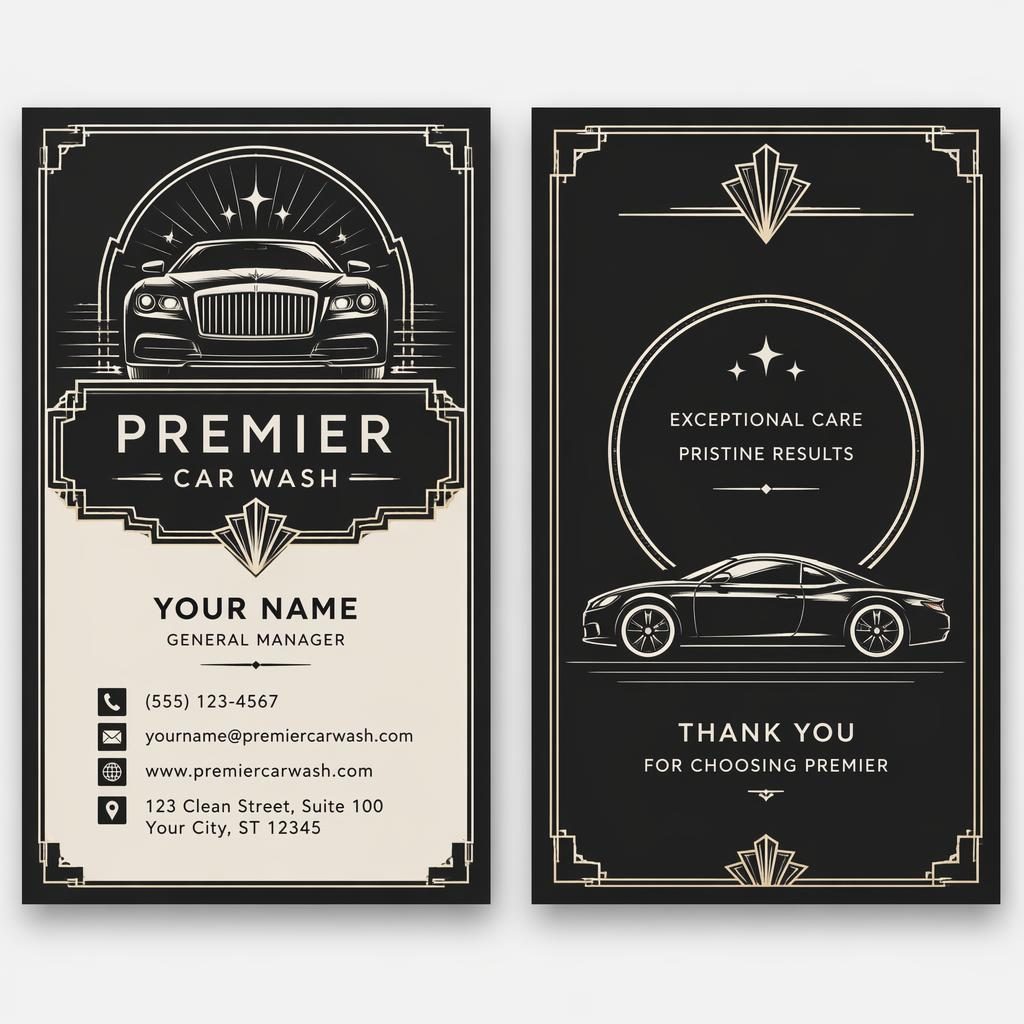 Both sides of a monochrome art deco car wash business card design shown side by side with clean placeholder contact details.