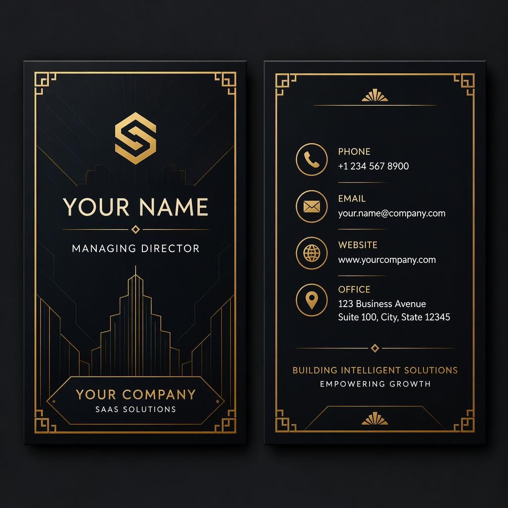 Art deco dark mode business card mockup showing both sides side by side with sharp placeholder contact details.