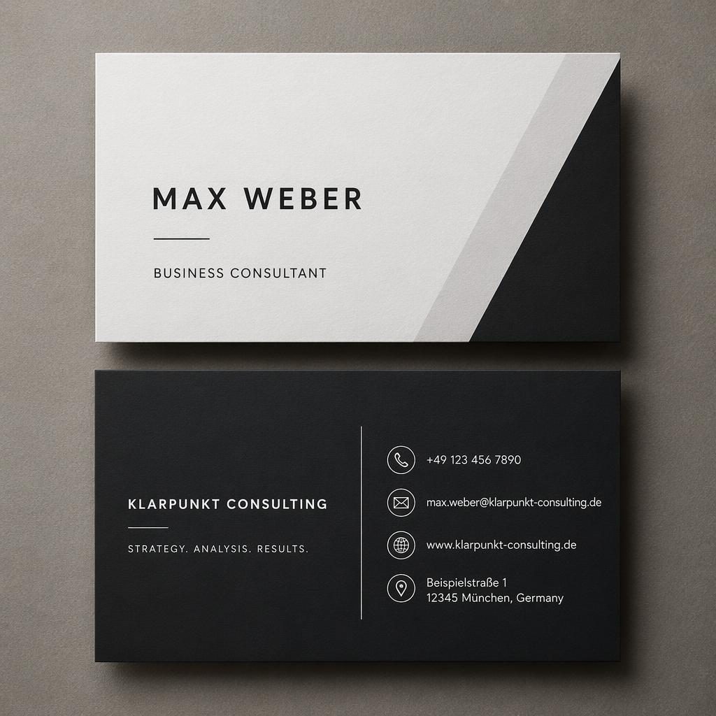 Fotorealistisches Studio-Mockup mit Vorder- und Rückseite einer minimalistischen Visitenkarte für Max Weber.