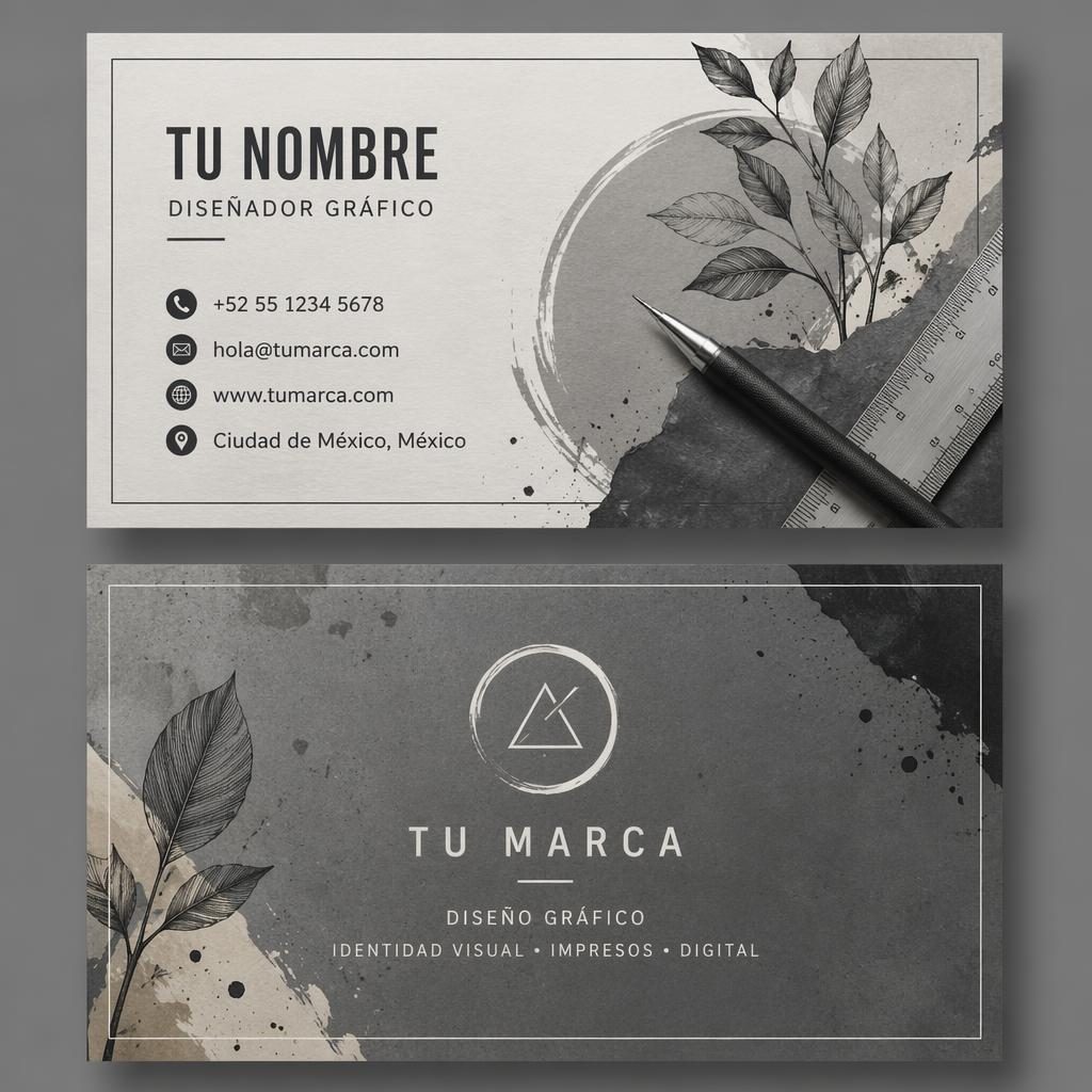 Tarjetas de presentación frente y reverso apilados, estilo ilustrado orgánico en gris industrial con tipografía nítida.