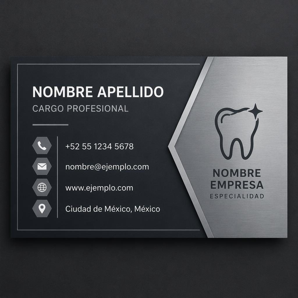 Diseño trasero de tarjeta médica o dental en gris industrial, con tipografía nítida y espacios limpios para contacto.
