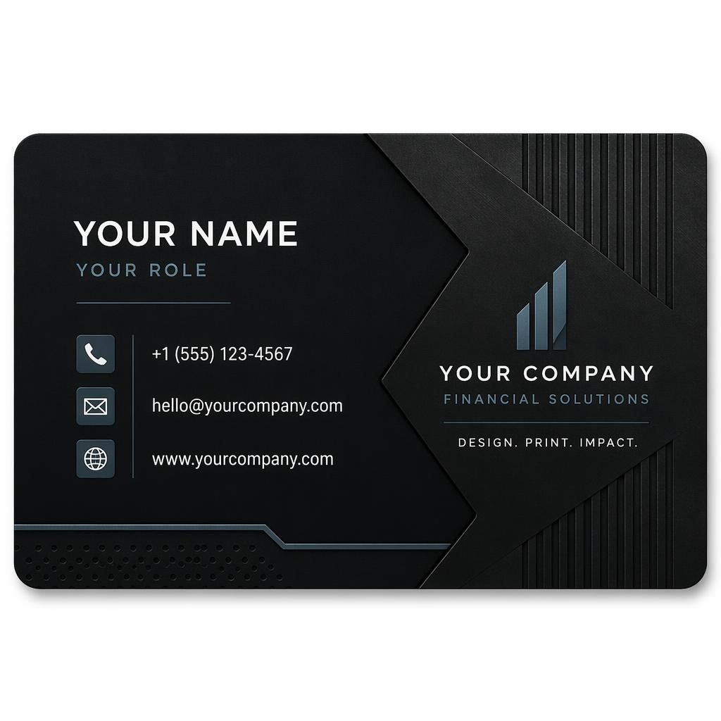 Back render of a dark industrial fintech business card with sharp placeholder contact details and balanced negative space.