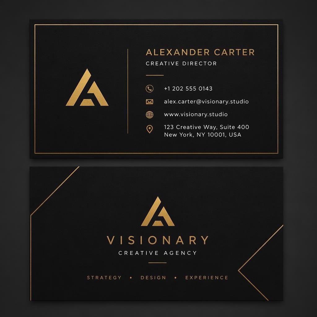 Front render of a Swiss-style black and gold business card template with clean placeholder contact details and luxury layout.