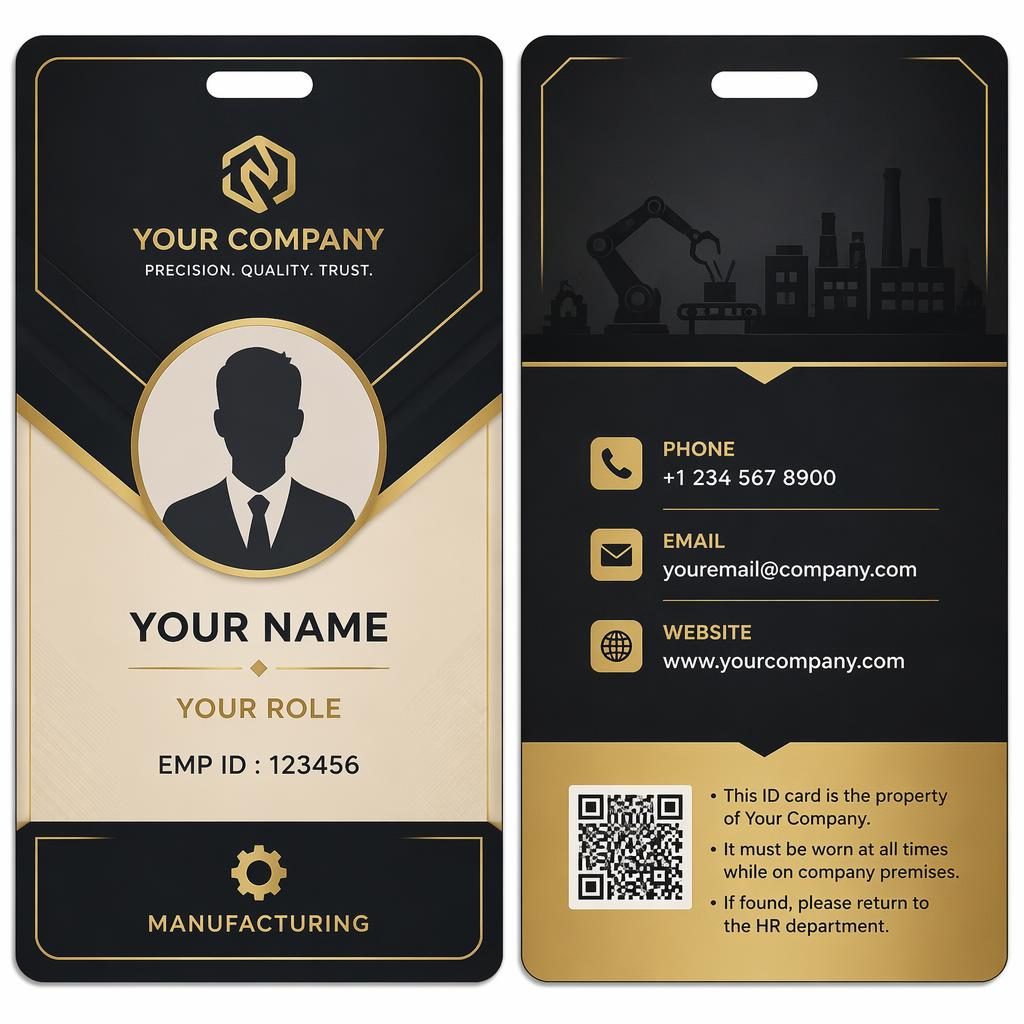 Front and back staff id card template shown side by side in black and gold with pastel accents and clean readable placeholders.