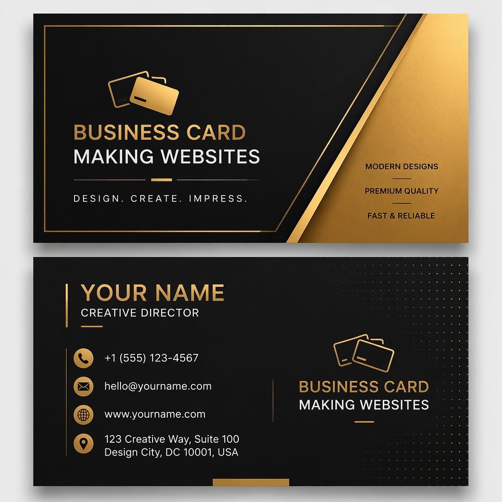 Front and back stacked business card mockup in black and gold with minimalist layout, sharp placeholder contact details.