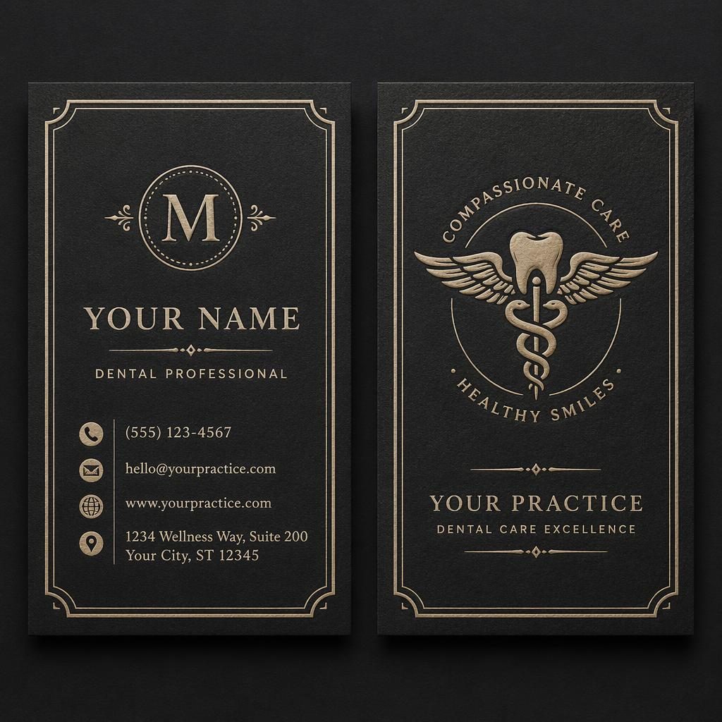 Both sides of a vintage letterpress medical or dental business card shown side by side in a dark mode palette.