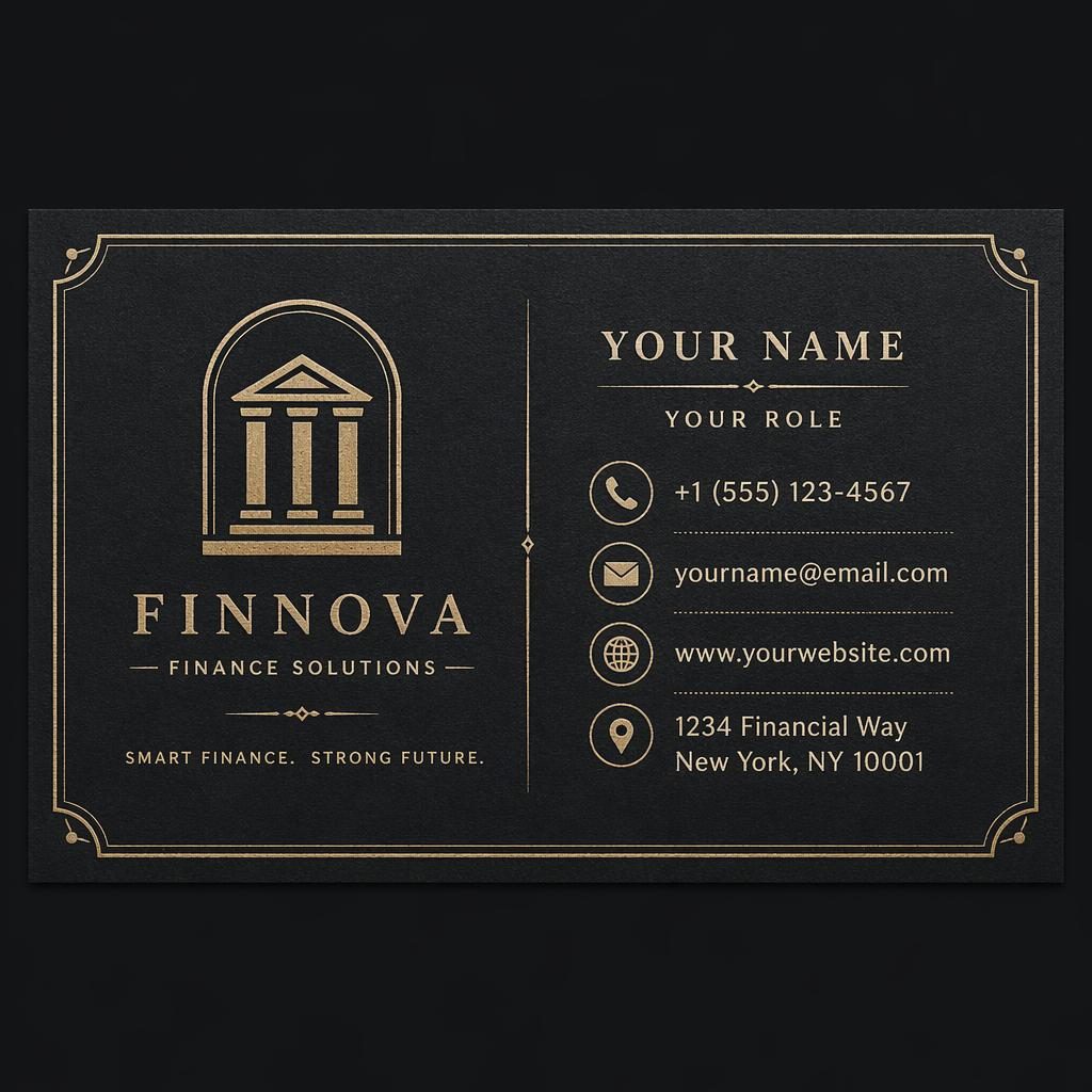 Back of a vintage letterpress style finance business card in dark mode with sharp placeholder contact details.
