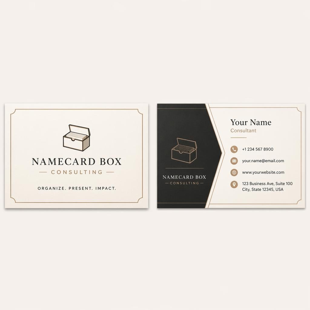 Both sides of a warm monochrome elegant business card for namecard box shown side by side with clean placeholder text.