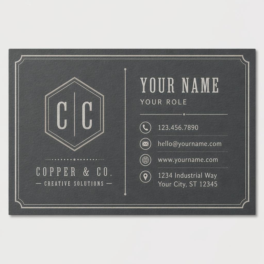 Back view of a vintage letterpress business card in industrial gray with sharp placeholder contact details and clean spacing.