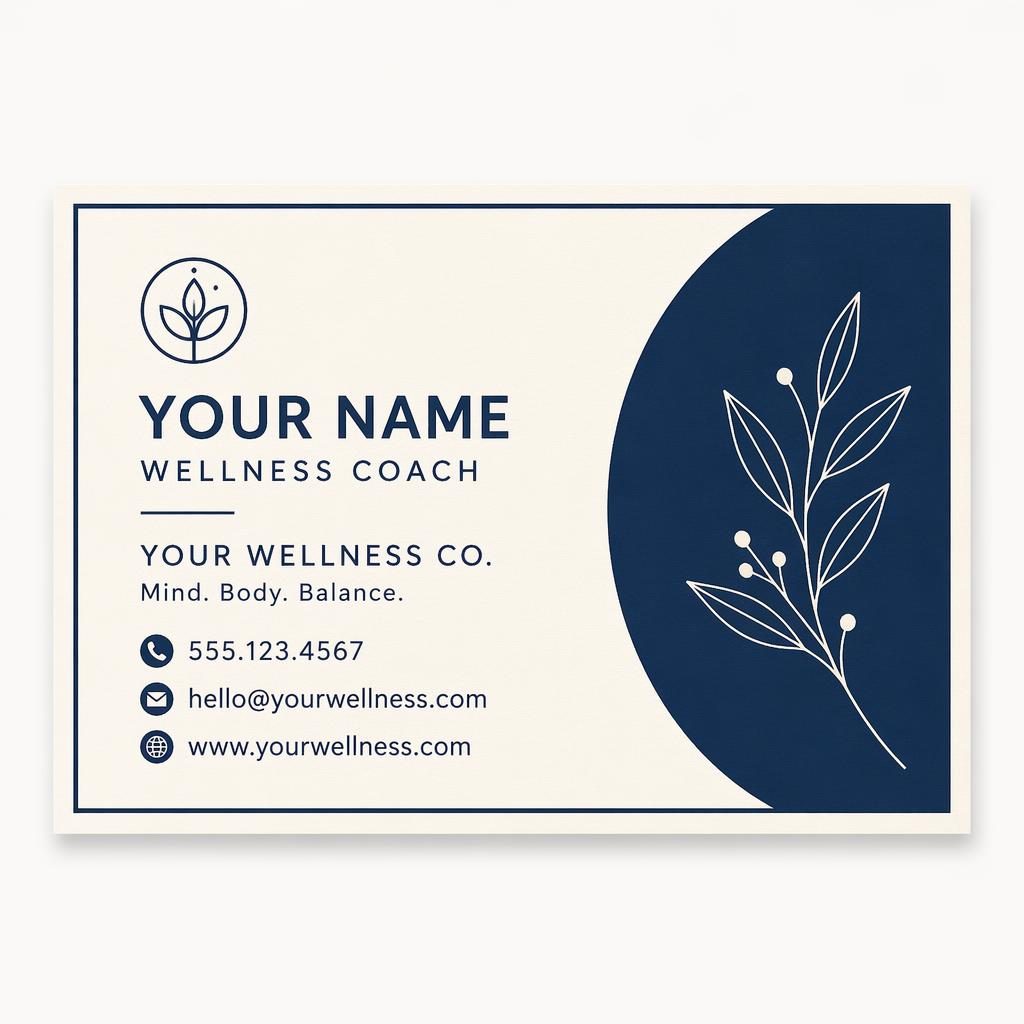 Front render of a one sided business card design in Swiss style with navy and cream colors and clean readable placeholders.