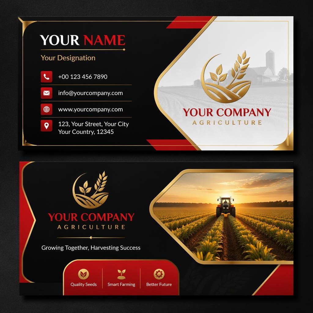 Front and back agriculture business card mockup in black, gold, red, and white with sharp placeholder contact details.